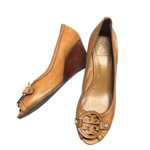 Tory Burch Leticia Peep Toe Wedge Pumps Womens 9.5 Brown Gold Logo